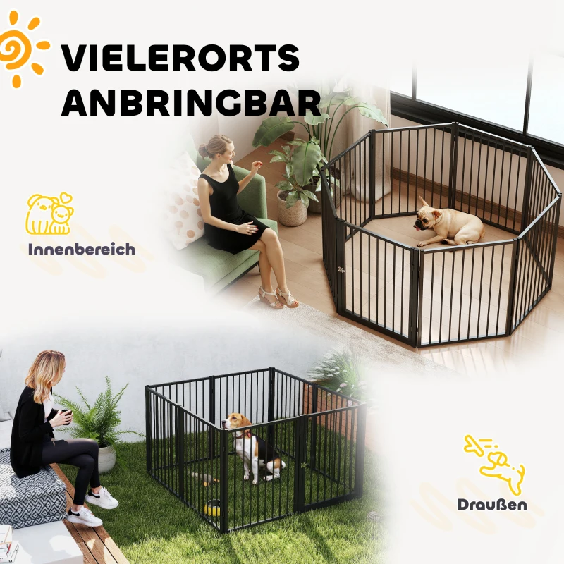PawHut Welpenauslauf, Hundeauslauf, Welpengehege, 8 Paneele mit Tür, faltbarer und tragbarer Hundezaun, Stahl, Schwarz(m-4)