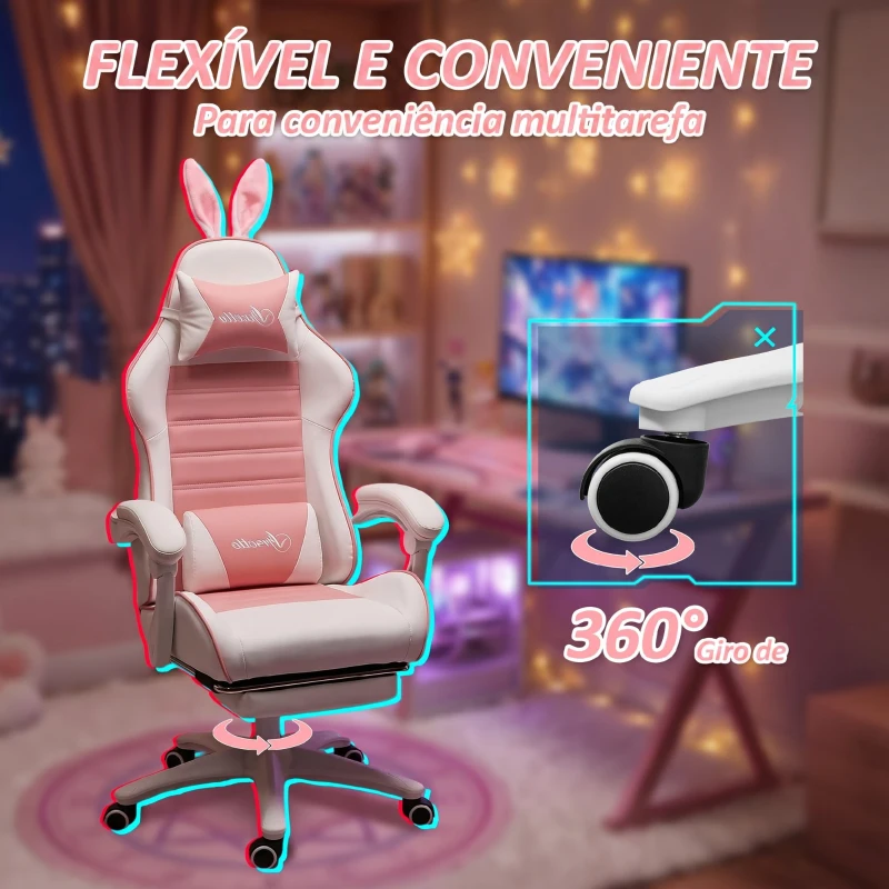 Vinsetto Cadeira Gaming Giratória de Couro PU com Altura Ajustável Inclinável 135° Apoio para a Cabeça 65x63x136-142 cm Rosa e Preto