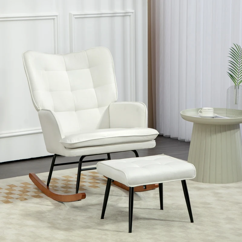 HOMCOM Schaukelstuhl mit Hocker, sanftes Schaukelsystem, Leinenimitat, 64 x 89 x 90 cm, Cremeweiß