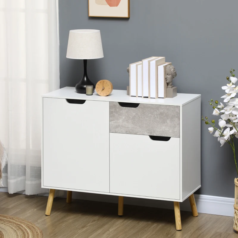 HOMCOM Mobile da Salotto con 2 Armadietti a 2 Ante e Cassetto in Truciolato e Pino, 98x39x81.5 cm, Grigio e Bianco