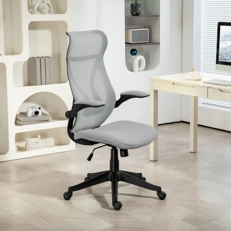 HOMCOM Cadeira de Escritório Giratória com Altura Ajustável Apoio para os Braços Dobráveis e Função Basculante 66x66x113-121 cm Cinza