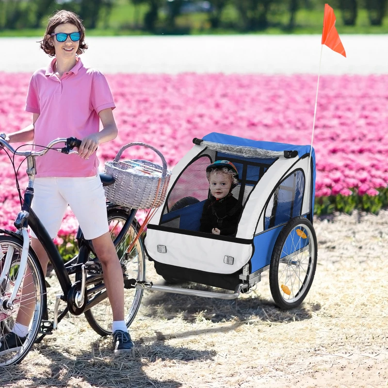 HOMCOM Rimorchio Bici Bambini con 2 Posti, 2 Cinture di Sicurezza, Telaio in Acciaio e Copertura in Tessuto Oxford Blu