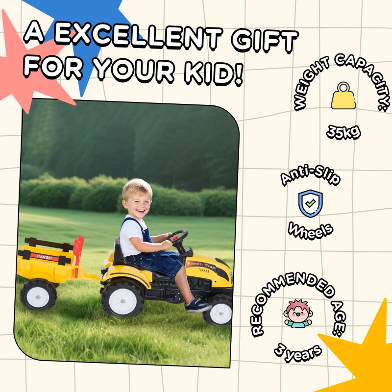 HOMCOM Pedal Go Kart, Kids Ride on Tractor, Child Four Wheels Toy with Shovel and Rake