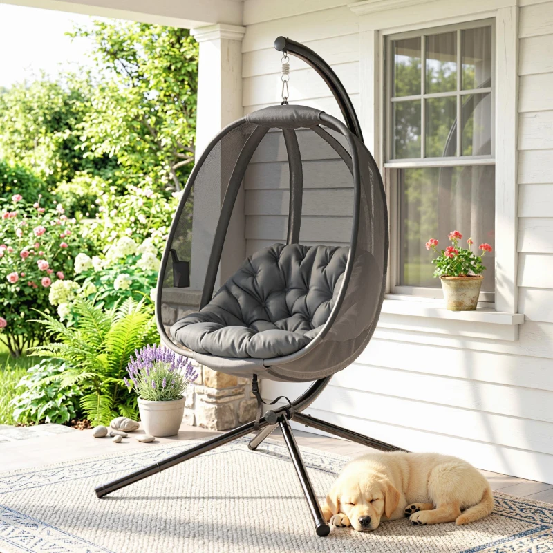 Outsunny Hanging Egg Chair, Folding Texteline Swing Hammock with Side Pocket, Cushion and Stand for Indoor Outdoor, Patio Garden Furniture, Grey