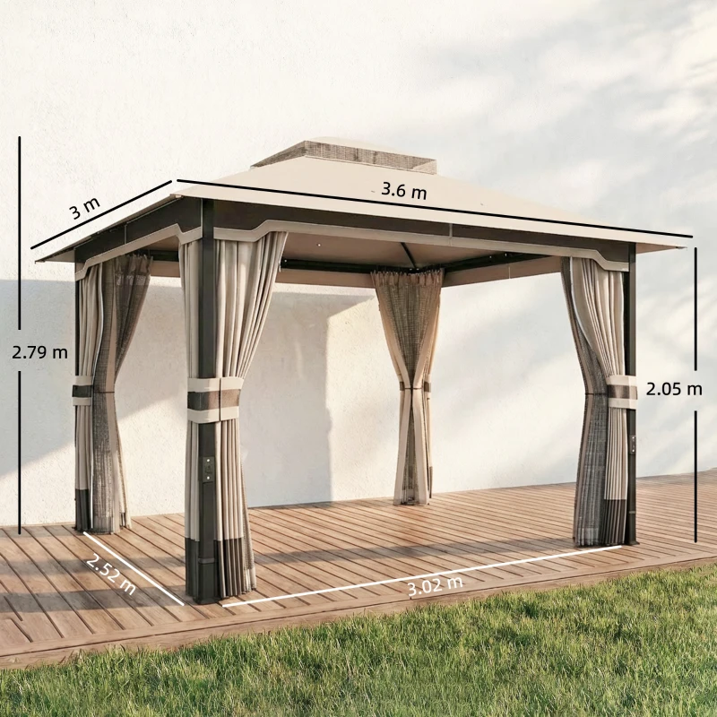 Outsunny Gazebo 3x3.6m con Zanzariera, Tende, Tetto Doppio Strato, Cachi