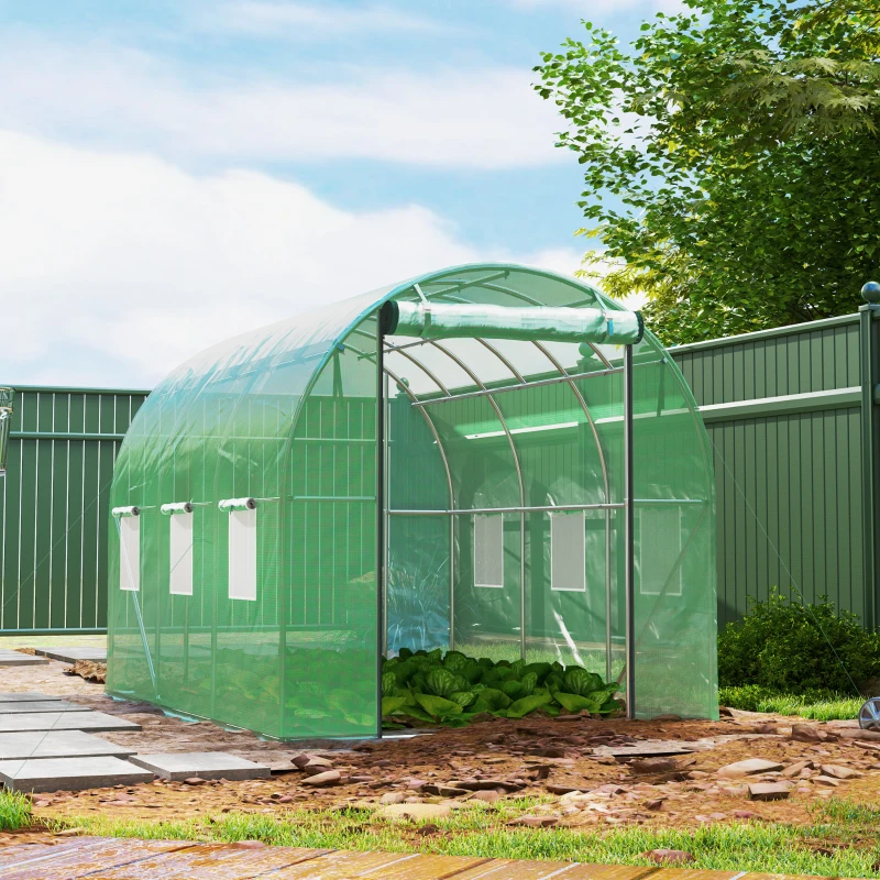 Outsunny Polytunnel Gewächshaus mit Kunststoff-Abdeckung und Stahlrahmen, begehbares Gewächshauszelt mit Rolltüren, Grün
