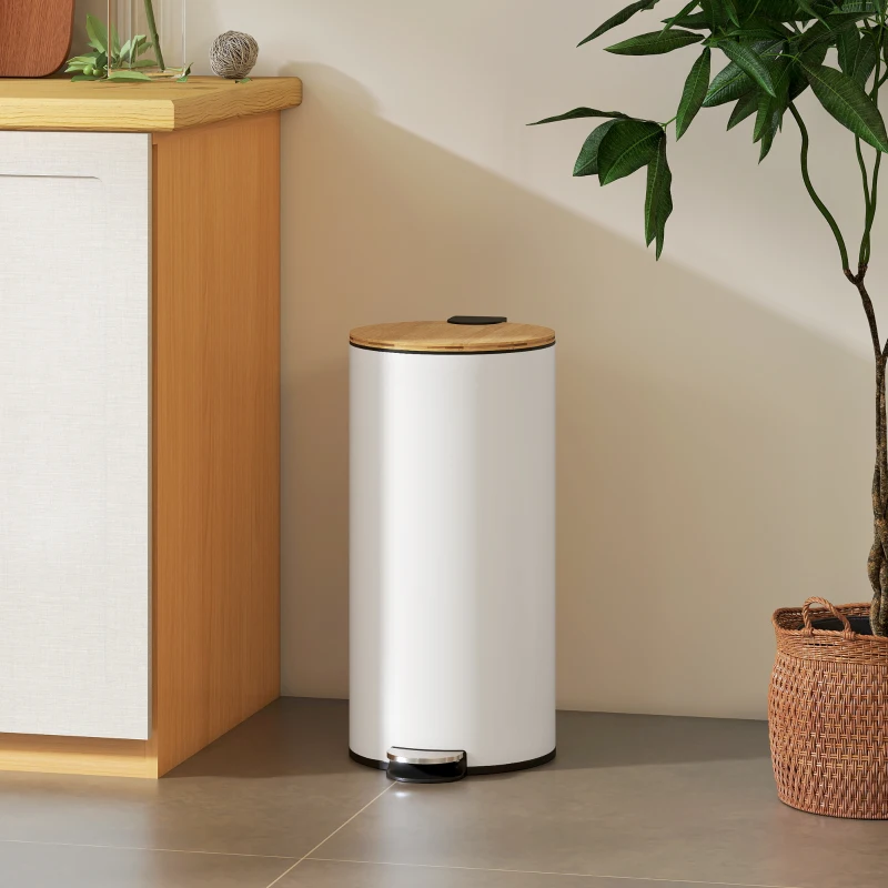HOMCOM Cubo de Basura Cocina 30L con Pedal Tapa de Bambú de Cierre Suave y Cubo Extraíble para Dormitorio Oficina Salón Blanco
