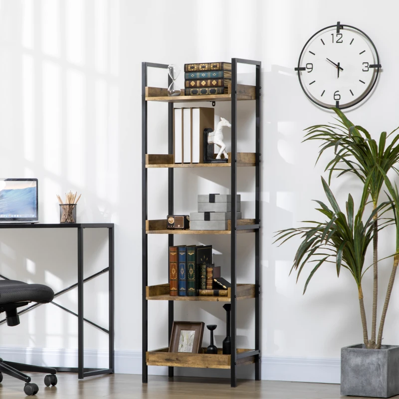 HOMCOM Libreria Stile Industriale a 5 Ripiani in Legno e Metallo, 48x30x155cm, Marrone Rustico