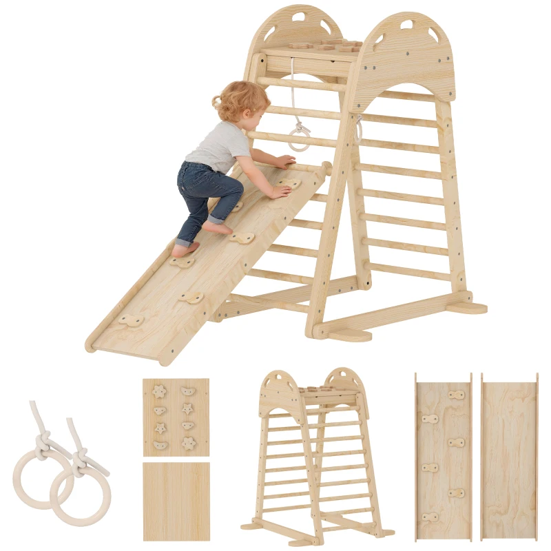 AIYAPLAY Triângulo de Escalada Montessori 6 em 1 Estrutura de Madeira com Plataforma Anéis e Escorrega para Escalar ou Deslizar Madeira
