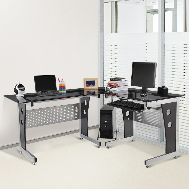 HOMCOM Bureau d'Angle en Verre Fumé Trempé Noir