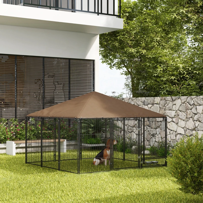 PawHut Recinto per Cani in Metallo e Tessuto Oxford con Porticina per Ciotole, 211x211x151 cm, Nero e Marrone