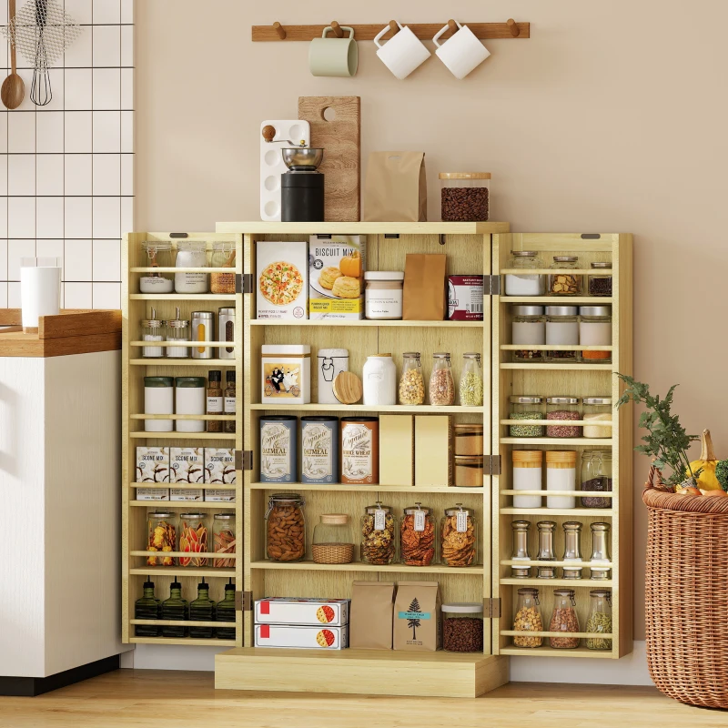 HOMCOM Dispensa 104 cm, 12 rastrelliere spezie, ripiani regolabili, legno naturale.