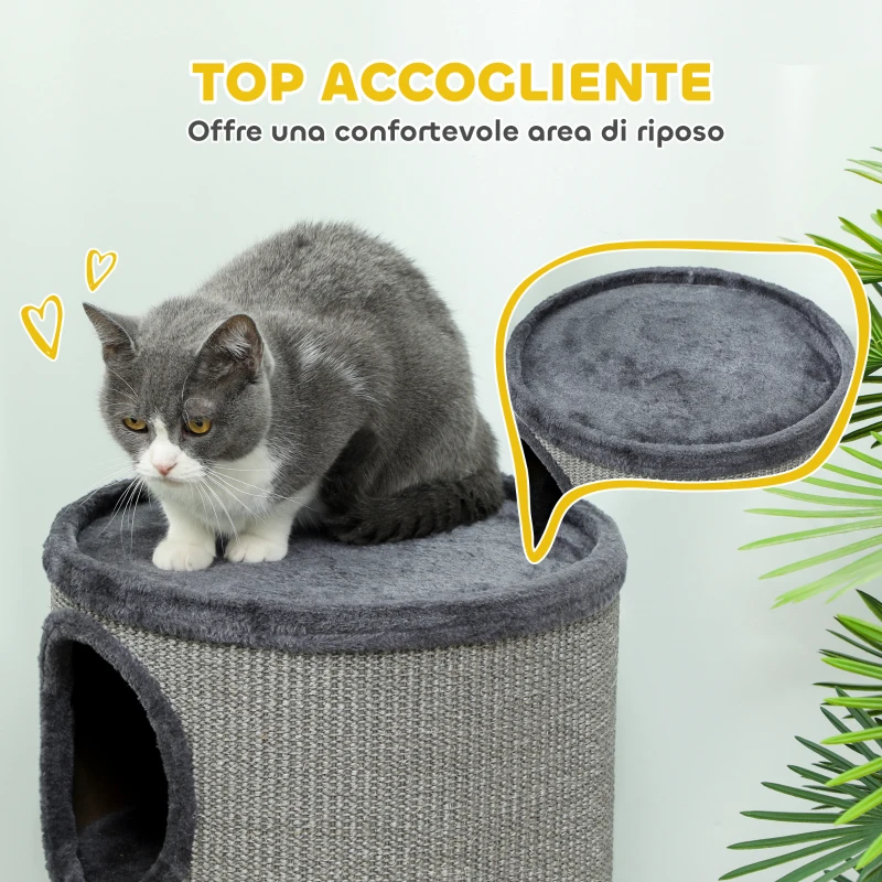 PawHut Cuccia per Gatti a 3 Livelli con Tiragraffi in Sisal e Peluche, Ø38x70cm, Grigio