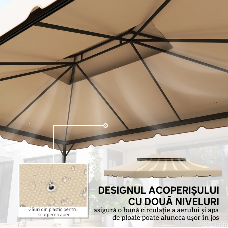 Outsunny Acoperiș de Schimb pentru Pavilion 3x3 m cu 2 Nivele pentru Grădină, Copertină Pavilion 3x3 Rezistentă la Apă din Poliester 170g/㎡ cu 8 Orificii de Drenaj, Doar Acoperiș, Alb Crem