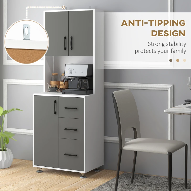 HOMCOM Freestanding Kitchen Cupboard,  Microwave Cabinet with Storage Cabinets,3 Drawers and Open Countertop for Dining Room, Grey