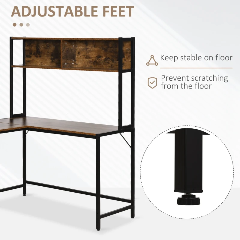 HOMCOM L Shaped Desk with Book Shelf, Industrial Corner Computer Desk, Writing Table with Steel Frame for Home Office, Bedroom, Study Room, 140 x 125cm, Brown
