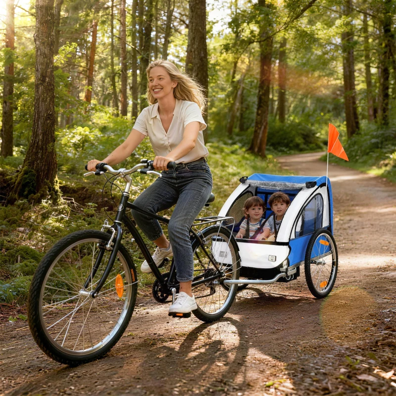 HOMCOM Rimorchio Bici Bambini con 2 Posti, 2 Cinture di Sicurezza, Telaio in Acciaio e Copertura in Tessuto Oxford Blu