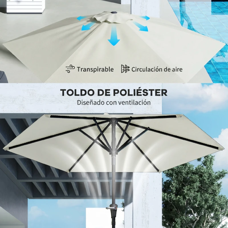 Outsunny Chapéu de Sol de Jardim Ø230x216 cm com Teto Ajustável Abertura Manual Impermeável para Terraço Pátio Piscina Praia Creme