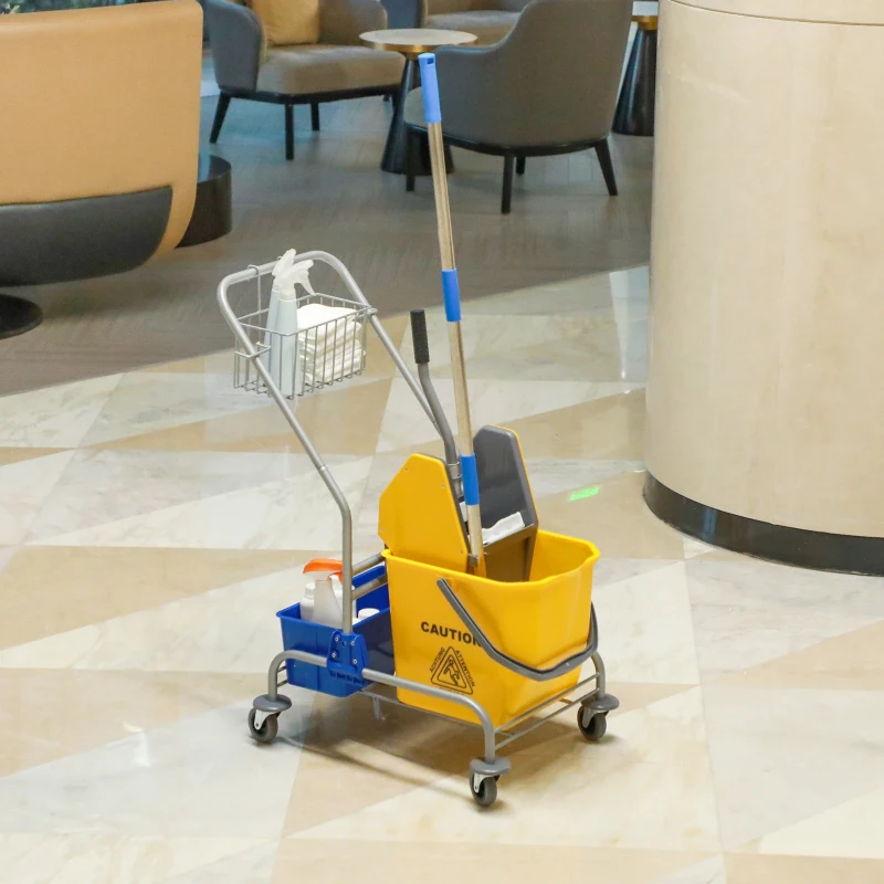 HOMCOM Reinigungswagen, Moppwagen, 25 L Fassungsvermögen, 4 Räder, Kunststoff, Gelb