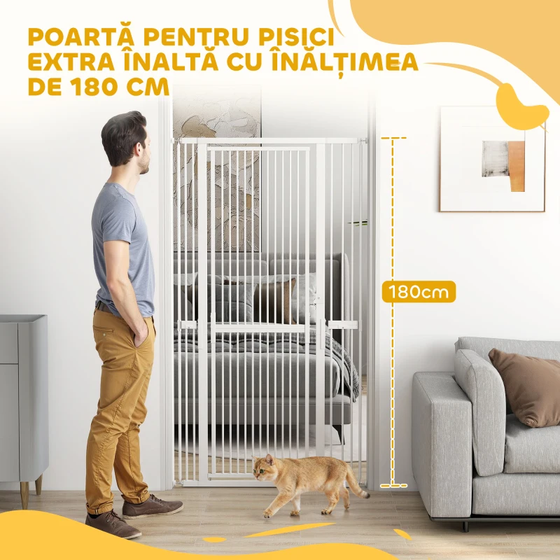 PawHut Poartă pentru Câini și Pisici, Înaltă de 180 cm, Extensibilă de la 77-104 cm, Montaj prin Presiune, Albă