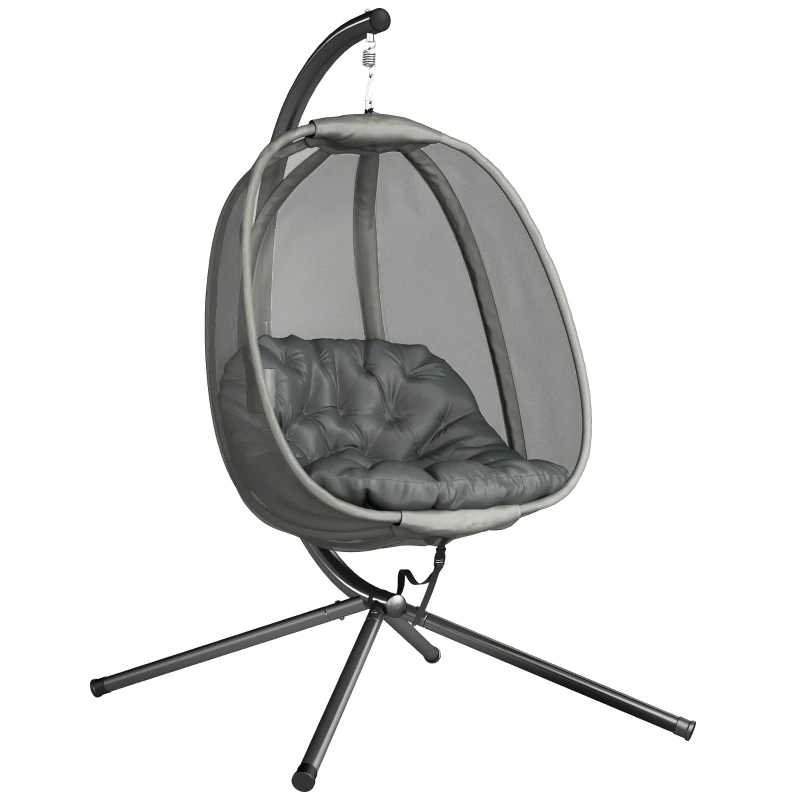 Outsunny Hanging Egg Chair, Folding Texteline Swing Hammock with Side Pocket, Cushion and Stand for Indoor Outdoor, Patio Garden Furniture, Grey