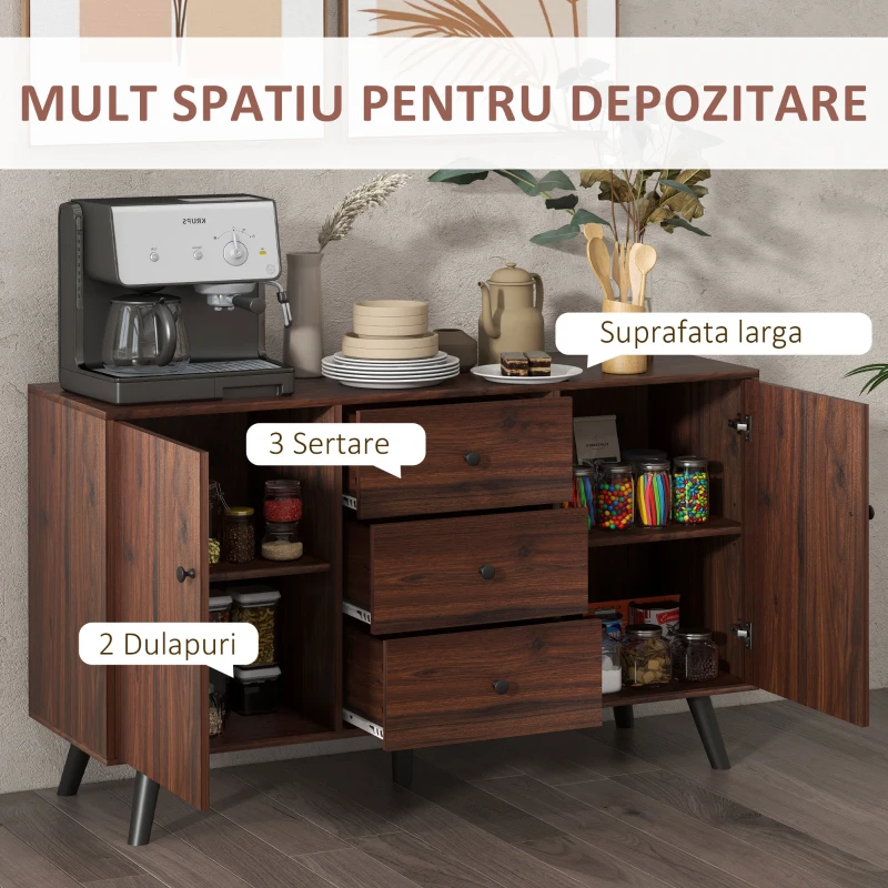 HOMCOM Bufet Modern din Lemn și PAL cu 2 Dulapuri și 3 Sertare, 127x40x76 cm, Maro și Negru