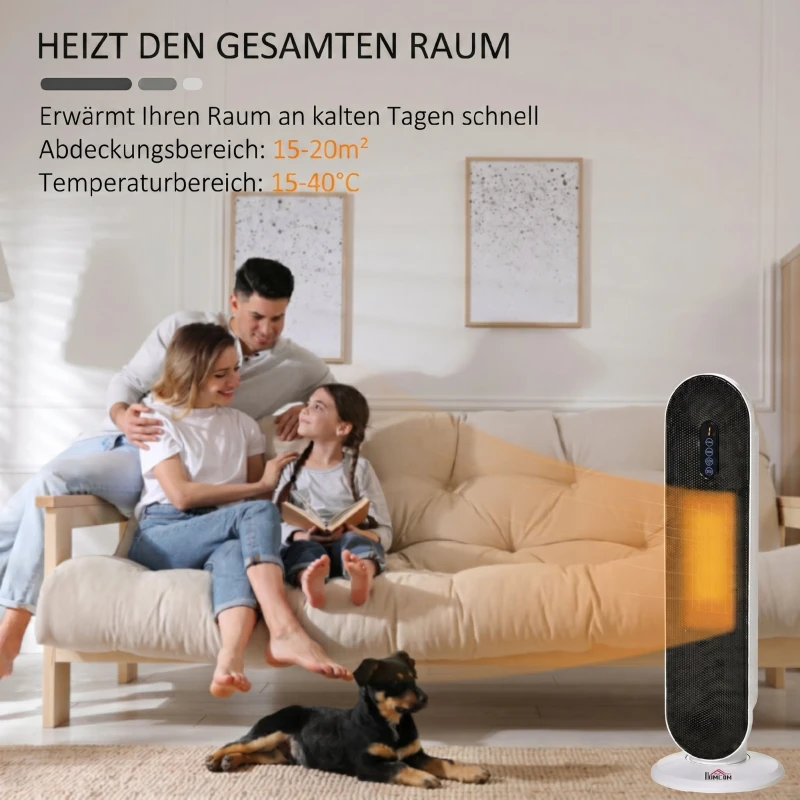 HOMCOM Radiator Electric Oscilant cu Telecomandă, Timer și 2 Moduri, din PP, PA și Metal, 21x21x63,5 cm, Alb și Negru