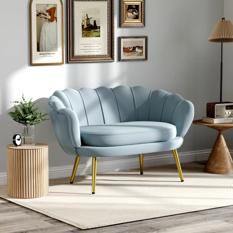 HOMCOM Canapea cu 2 Locuri, Stil Industrial Chic, din Țesătură cu Efect de Catifea și Metal, 130x77x77 cm, Albastru Deschis(m-10)