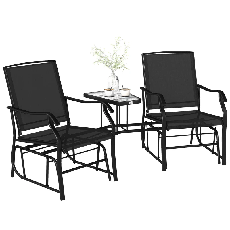 Outsunny Gliding Jack and Jill Seat, with Glass-Top Table - Black