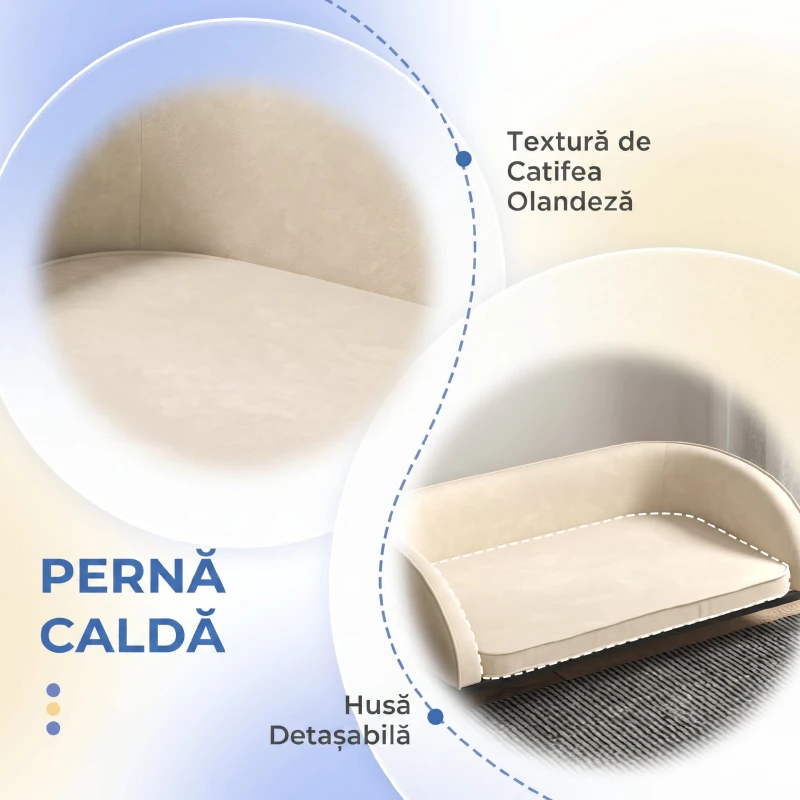 PawHut Canapea pentru Câini de Talie Medie și Mare, cu Pernă Detașabilă și Husă Lavabilă, Material Vellutato, Crem