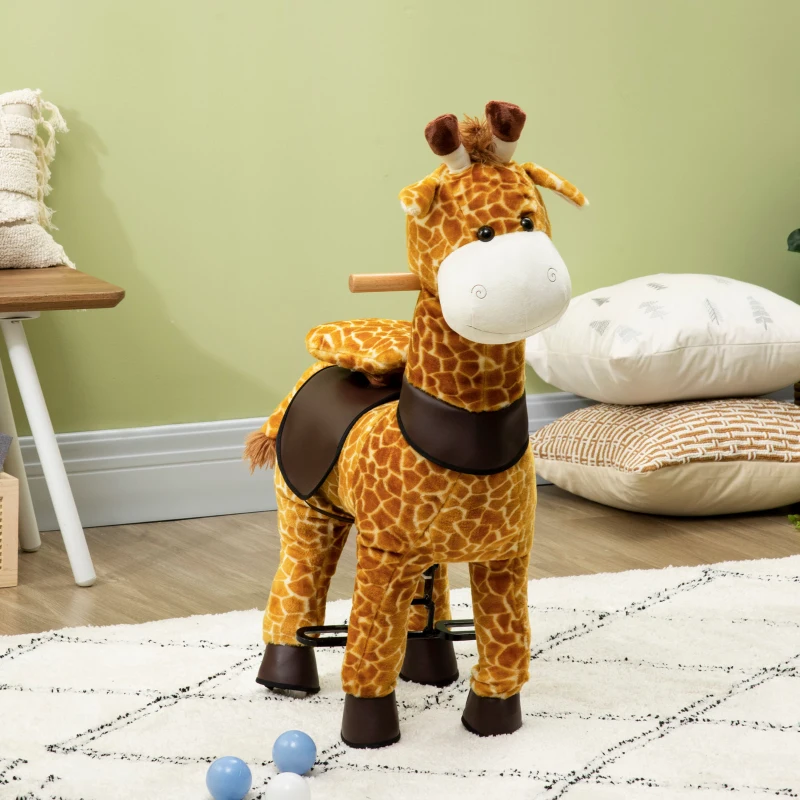HOMCOM Cavallo a Dondolo con Ruote a Forma di Giraffa per Bambini da 3-6 Anni, 70x32x87cm, Giallo