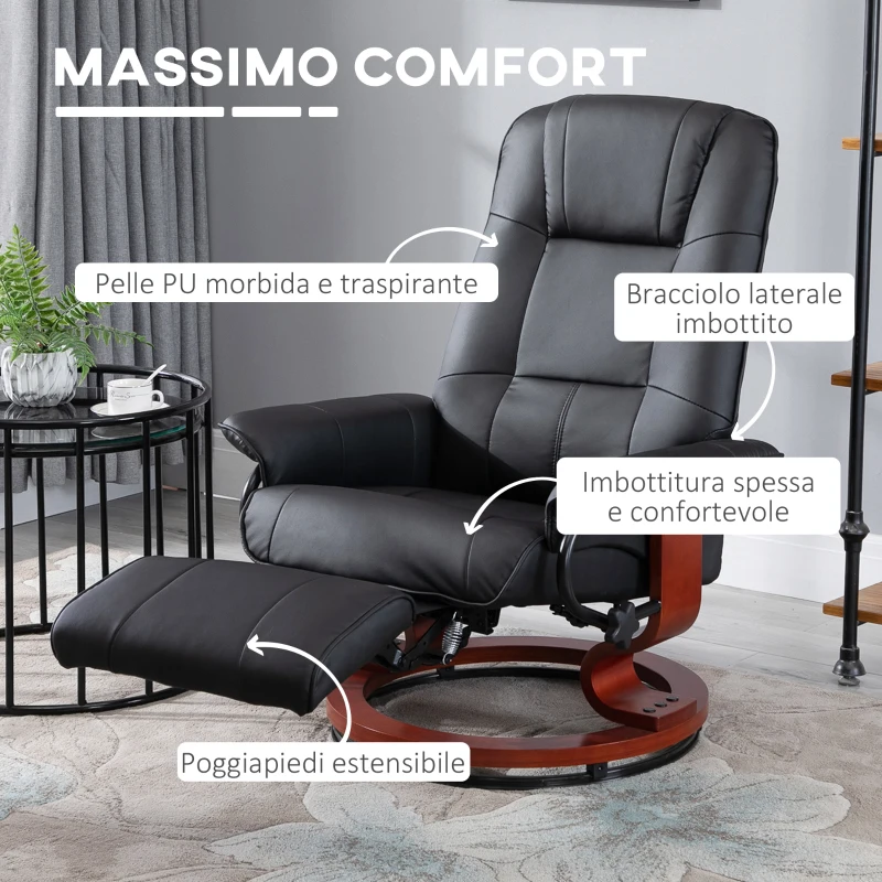HOMCOM Poltrona Relax Reclinabile Manualmente fino 145° con Poggiapiedi e Rivestimento in Finta Pelle, Nero