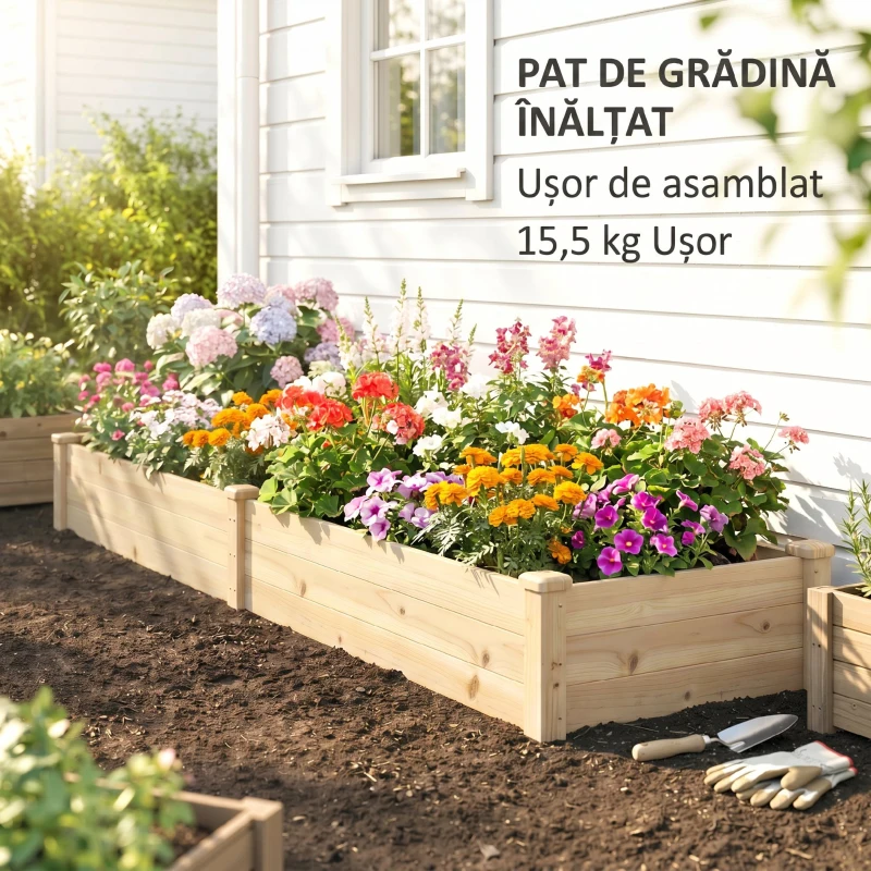 Outsunny Pat pentru Grădină Ridicat din Lemn de Brad cu Fund Deschis și 2 Secțiuni Separate, 244x61,5x27cm