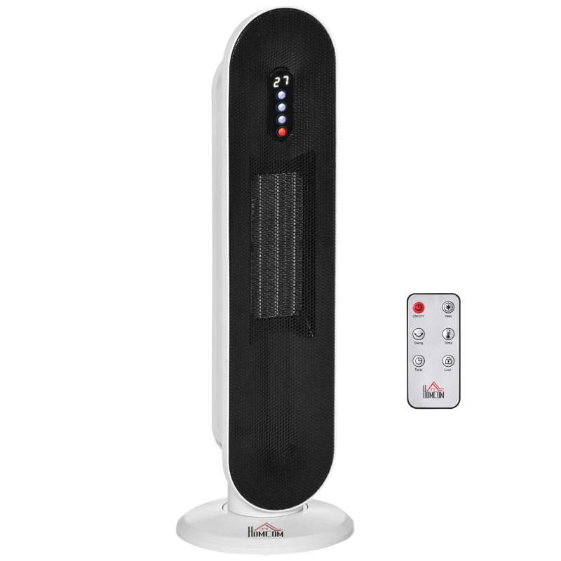 HOMCOM Radiator Electric Oscilant cu Telecomandă, Timer și 2 Moduri, din PP, PA și Metal, 21x21x63,5 cm, Alb și Negru