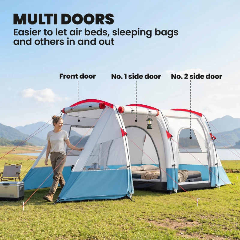 Outsunny Campingzelt, für 4 Personen, zwei Räume, Lampenhaken, mit Tragetasche, Blau, 5,10x2,40x1,80m