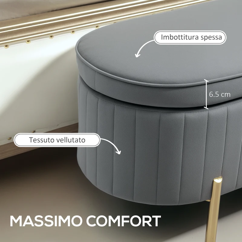 HOMCOM Panca Contenitore Ovale da 72L con Coperchio Sollevabile, in Tessuto Vellutato e Legno, 108x44x43.5 cm, Grigio