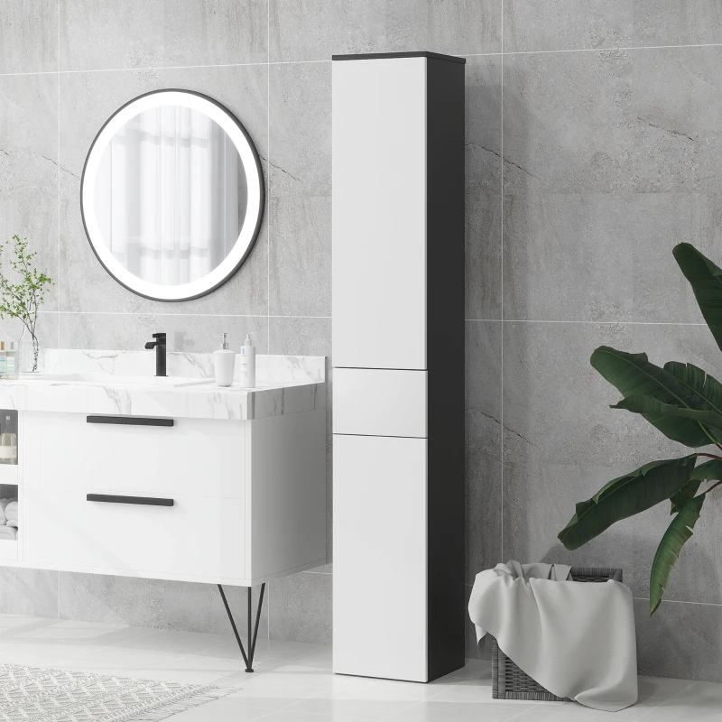kleankin Colonna Bagno Salvaspazio in Legno con 2 Armadietti e Cassetto, 30x28x180 cm, Nero