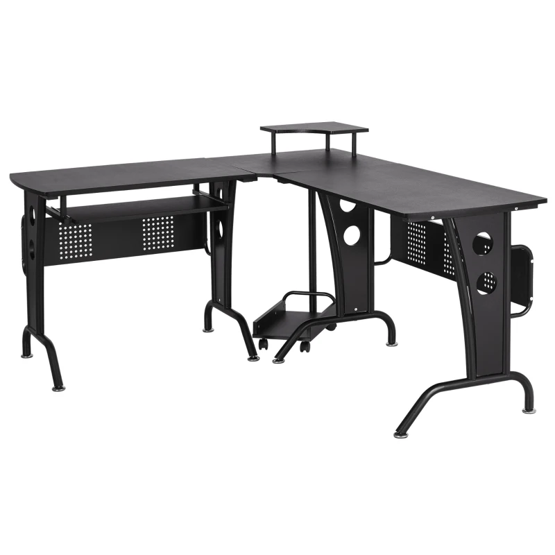 HOMCOM Birou pentru Computer in forma de L cu Suport pentru Tastatura Suport pentru CPU din inox MDF pentru casa birou negru