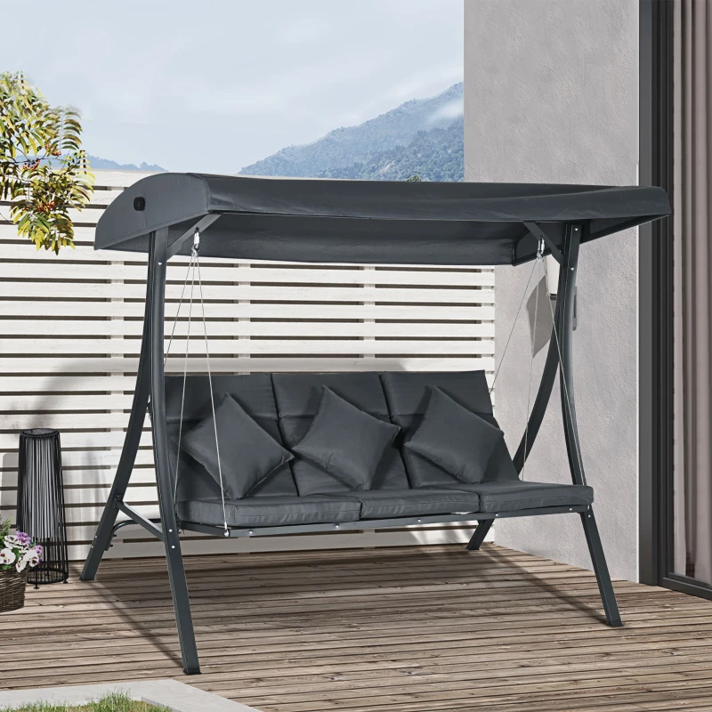Outsunny Dondolo da Giardino 3 Posti con Tettuccio Regolabile, in Acciaio e Poliestere, 202x115x168 cm, Grigio Scuro