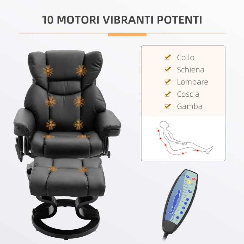 HOMCOM Poltrona Relax con Pouf Poggiapiedi e Funzione Massaggio, Reclinabile a 145° e Girevole a 360°, Nero