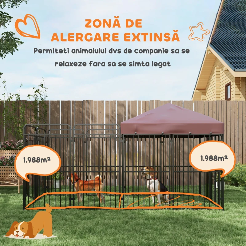 PawHut Țarc pentru câini de exterior din metal cu acoperiș, 282x141x160,5cm, maro(m-5)