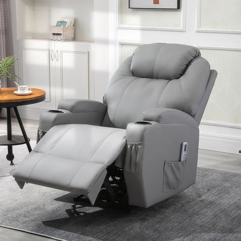 HOMCOM Fauteuil de Massage Inclinable, Chaise de Relaxation avec dossier et repose-pied électrique réglables revêtement synthétique pour Salon, Chambre, Cinéma Maison Gris