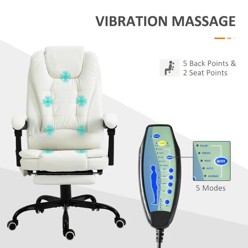 Vinsetto Scaun de birou de masaj, scaun de birou, scaun ergonomic cu înălțime reglabilă, spătar inclinabil și telecomandă cu fir, suport pentru picioare retractabil și pivotant la 360°, alb