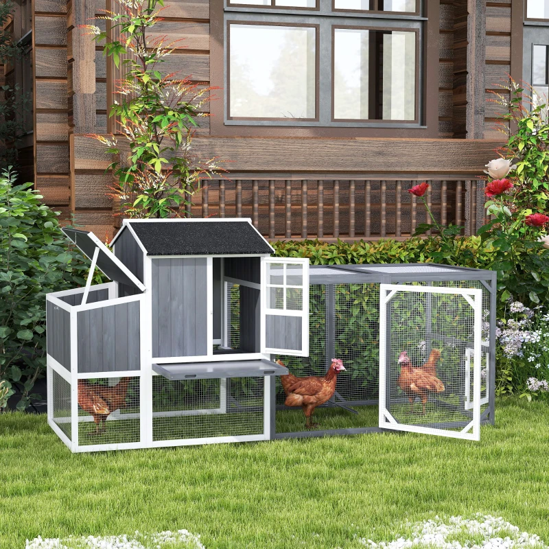 PawHut Hühnerstall mit Auslauf für 3-4 Hühner, 3-tlg. Nistkasten, 1,9 m² Fläche, Tannenholz, Grau(m-10)