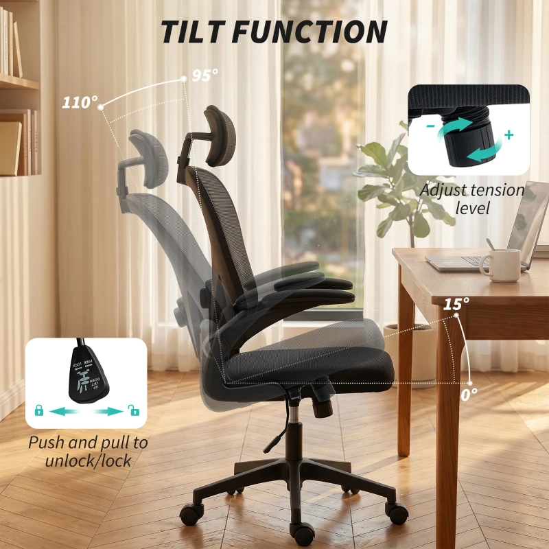 HOMCOM Chaise de Bureau Ergonomique, Fauteuil de Bureau en Maille avec Appui-Tête et Soutien Lombaire Réglables, Noir