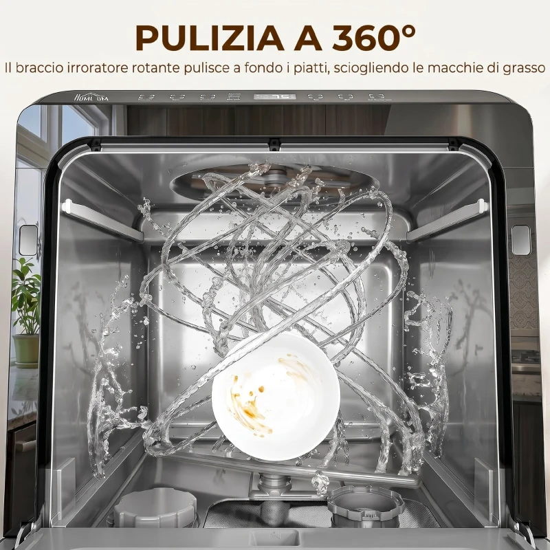 HOMCOM Lavastoviglie da Tavolo, con Serbatoio Integrato da 6 L, 5 Programmi, 4 Coperti e Display LED, Nero