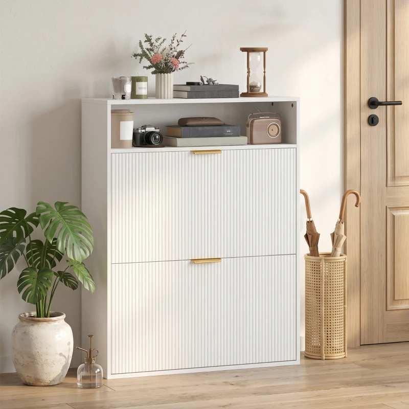 HOMCOM Zapatero Estrecho con 2 Compartimentos Abatibles Y Estante Superior para Pasillo Y Entrada Blanco