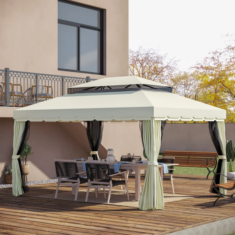 Outsunny Gazebo da Giardino 4x3m con Zanzariera, Tende e Doppio Tetto in Alluminio e Poliestere, Crema