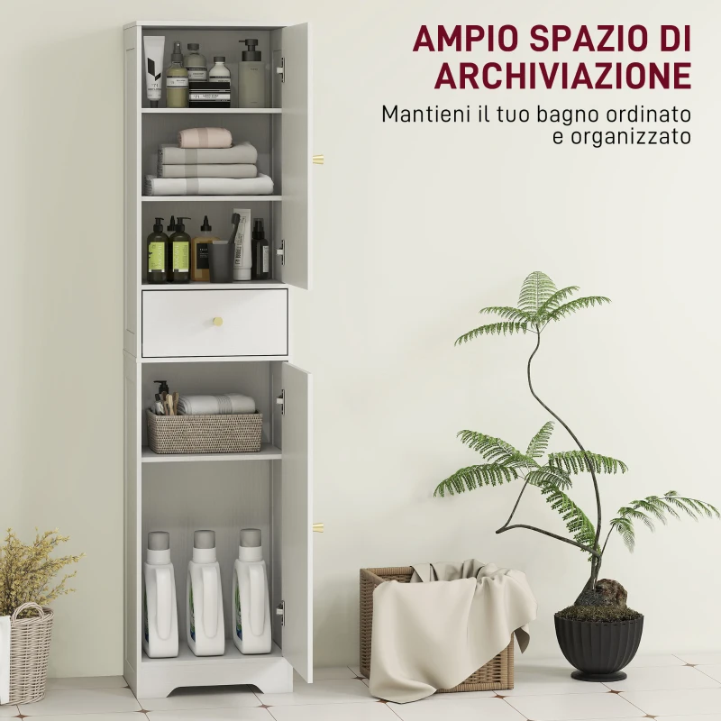 HOMCOM Armadietto Alto da Bagno Stretto con 2 Porte Arco Cassetto e Ripiani Regolabili Moderno 40x29,5x170 cm Bianco