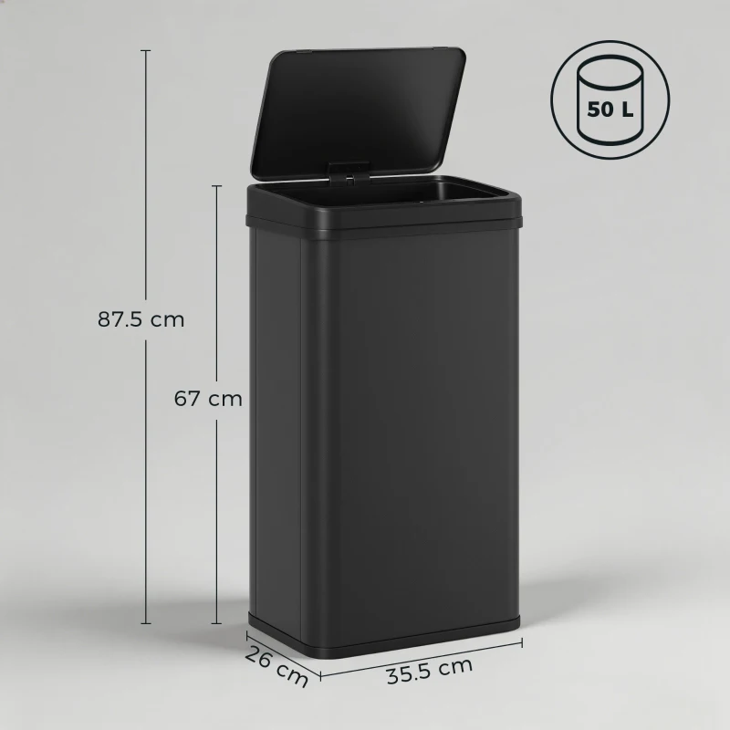 HOMCOM 50L Sensor Bin with Soft-Close Lid, Stainless Steel Automatic Touchless Motion Sensor Kitchen Bin, Black